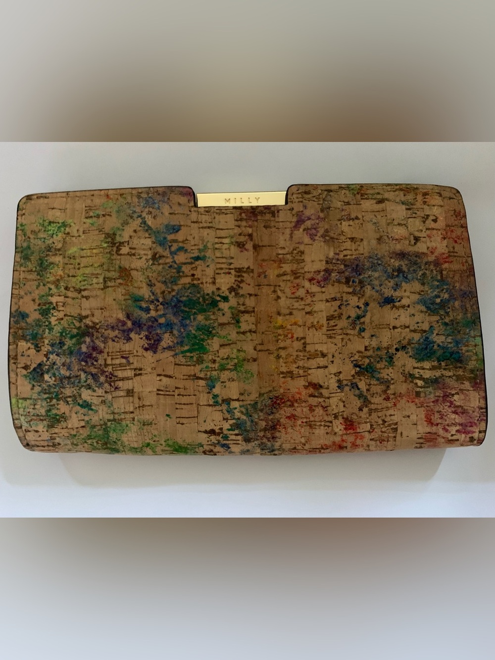 Milly Multicolor Paint-Splatter Cork Clutch